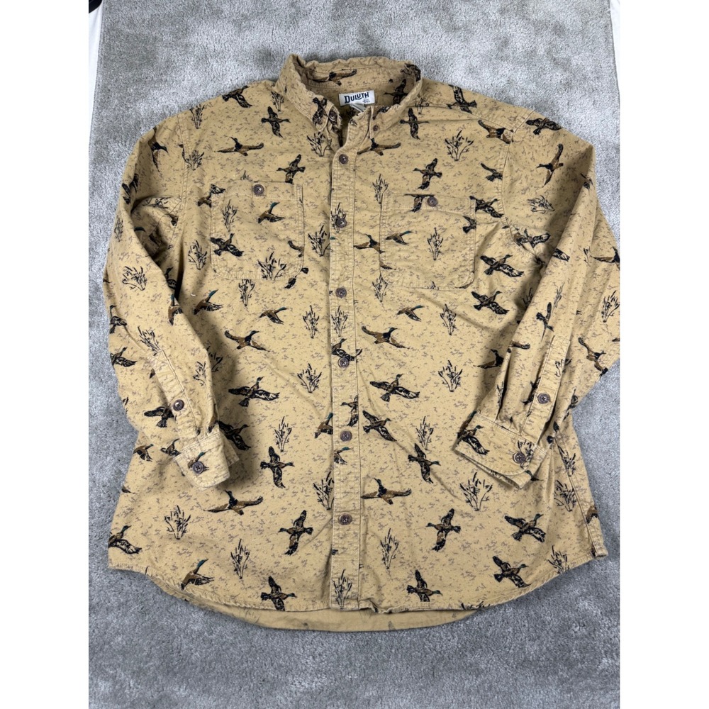 Duluth Trading Co Mens 2XL Tall Relaxed Fit Mallard Duck Print Cotton Shirt Tan - Picture 1 of 6